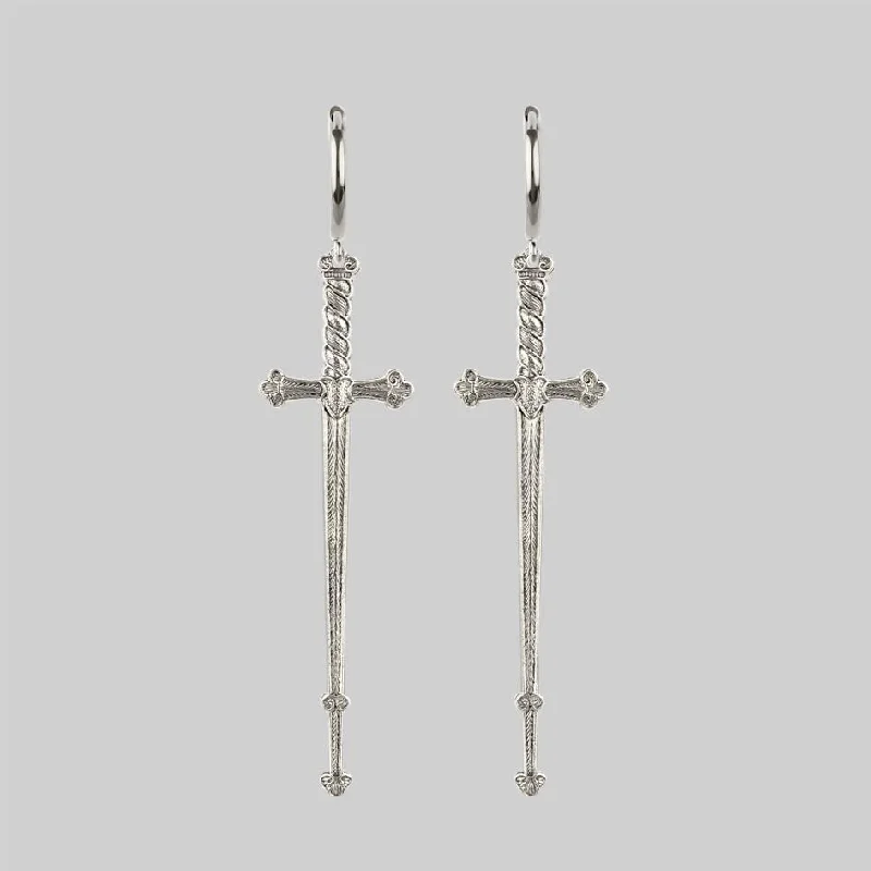 Exclusive Gemstone Jewelry Markdowns – Shop Now MERCY. Sword Hoop Earrings - Silver