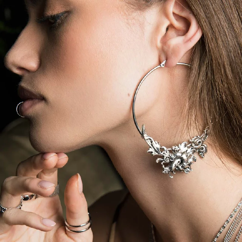 Timeless Elegance Now At Special Discounts PARADISE. Ornate Floral Hoop Earrings - Silver
