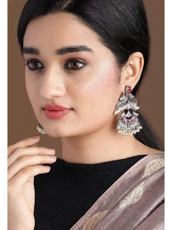 Bestselling Jewelry At Special Promotional Rates Rubans Silver Plated Handcrafted Oxidised Faux Ruby and Pearls Peacock Drop Earrings
