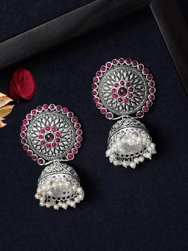Chic And Stylish Jewelry At Discounted Prices Rubans Silver Plated Oxidised Handcrafted Pink Stone Jhumka Earrings Chic And Stylish Jewelry At Discounted Prices Rubans Silver Plated Oxidised Handcrafted Pink Stone Jhumka Earrings