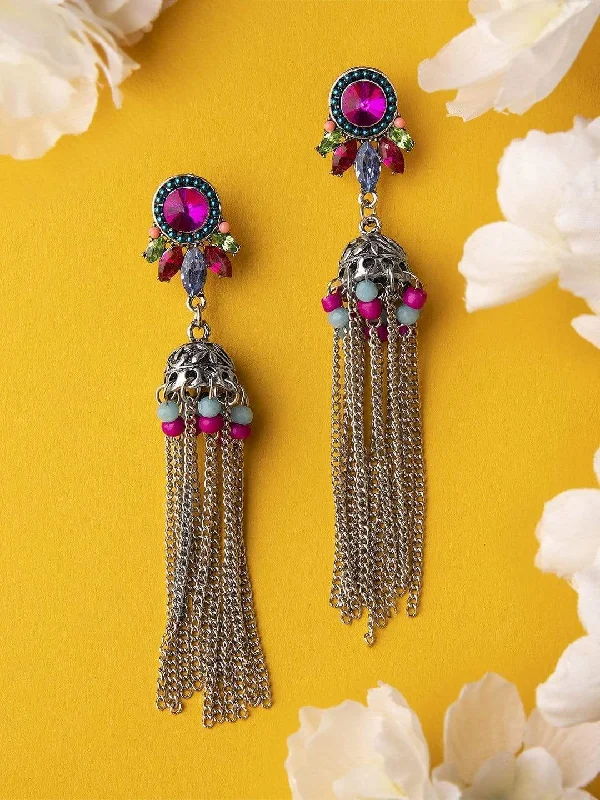Exclusive Jewelry Sale Event – Shop Now Rubans Silver Toned Color Stone Embellished Statement Jhumka Earrings Exclusive Jewelry Sale Event – Shop Now Rubans Silver Toned Color Stone Embellished Statement Jhumka Earrings