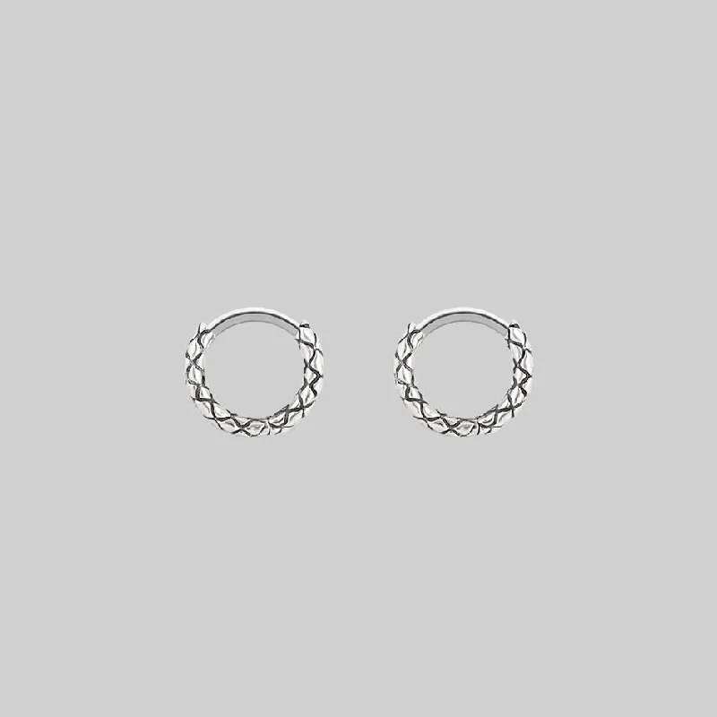 Affordable Luxury Jewelry For Every Occasion VEGA. Snake Skin Clicker Hoop Earrings - Silver Affordable Luxury Jewelry For Every Occasion VEGA. Snake Skin Clicker Hoop Earrings - Silver