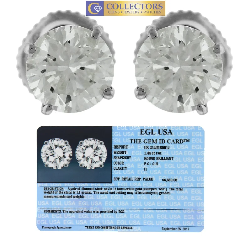 Elegant Jewelry, Exclusive Prices – Shop Now $6,680 Vintage Estate 14K 585 White Gold 1.44ctw Diamond Stud Earrings EGL USA Elegant Jewelry, Exclusive Prices – Shop Now $6,680 Vintage Estate 14K 585 White Gold 1.44ctw Diamond Stud Earrings EGL USA