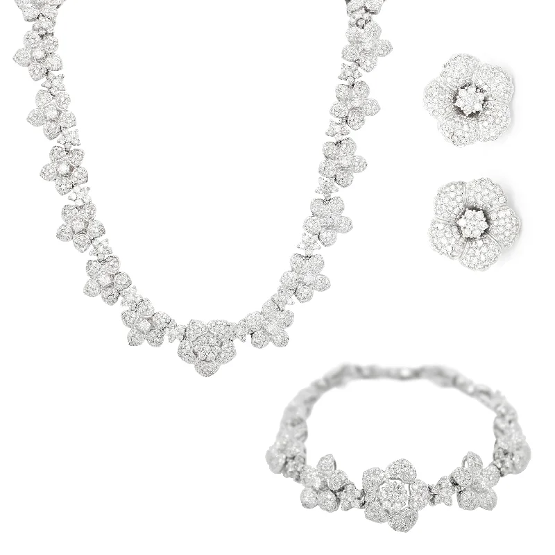 Last Chance To Shop High-End Jewelry At Markdown Prices Modern 18k White Gold 27ctw Diamond Flower Necklace, Bracelet, & Earrings Set Last Chance To Shop High-End Jewelry At Markdown Prices Modern 18k White Gold 27ctw Diamond Flower Necklace, Bracelet, & Earrings Set