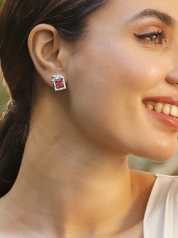 Exclusive Jewelry Offers – Sparkle For Less Rhodium Plated Ruby & White Cubic Zirconia Studded Geometric Stud Earrings Exclusive Jewelry Offers – Sparkle For Less Rhodium Plated Ruby & White Cubic Zirconia Studded Geometric Stud Earrings