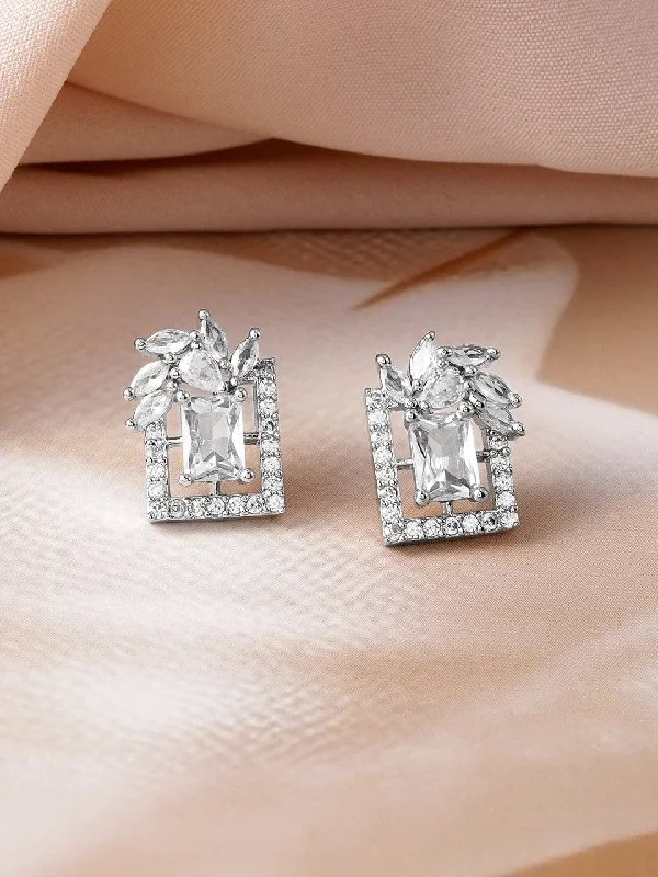 Handcrafted Jewelry Sale – Unique Designs At Low Prices Rhodium Plated White Cubic Zirconia Studded Geometric Stud Earrings Handcrafted Jewelry Sale – Unique Designs At Low Prices Rhodium Plated White Cubic Zirconia Studded Geometric Stud Earrings