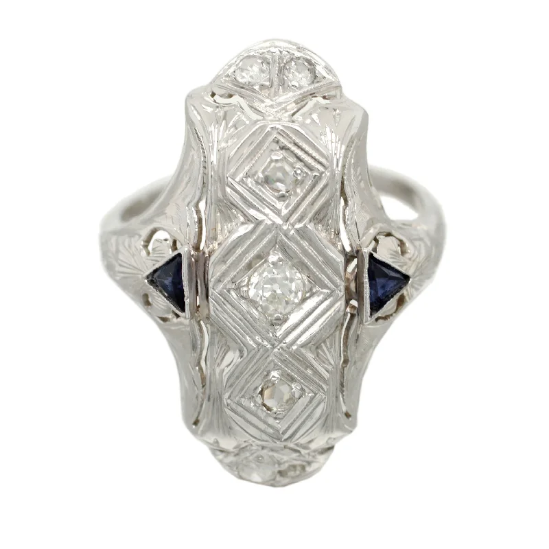 Trendy And Classic Jewelry Now At Reduced Prices Antique Art Deco 0.40ctw Diamond & Sapphire Cocktail Ring in 18k White Gold Trendy And Classic Jewelry Now At Reduced Prices Antique Art Deco 0.40ctw Diamond & Sapphire Cocktail Ring in 18k White Gold