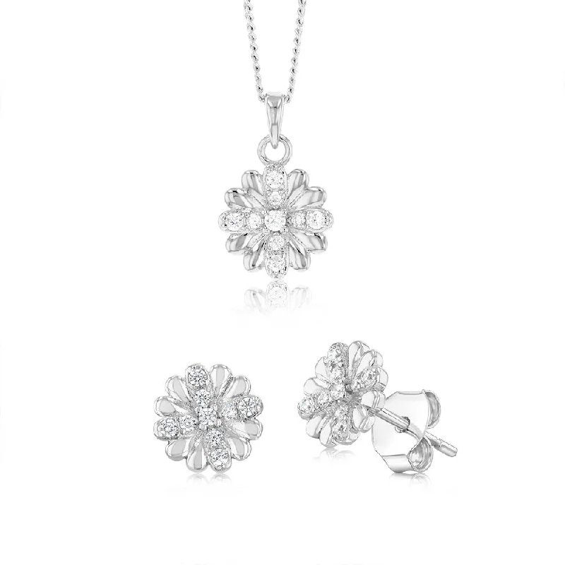 Luxury Jewelry At Unbeatable Discounts Sterling Silver White Cubic Zirconia Flower Pendant And Stud Earrings Set