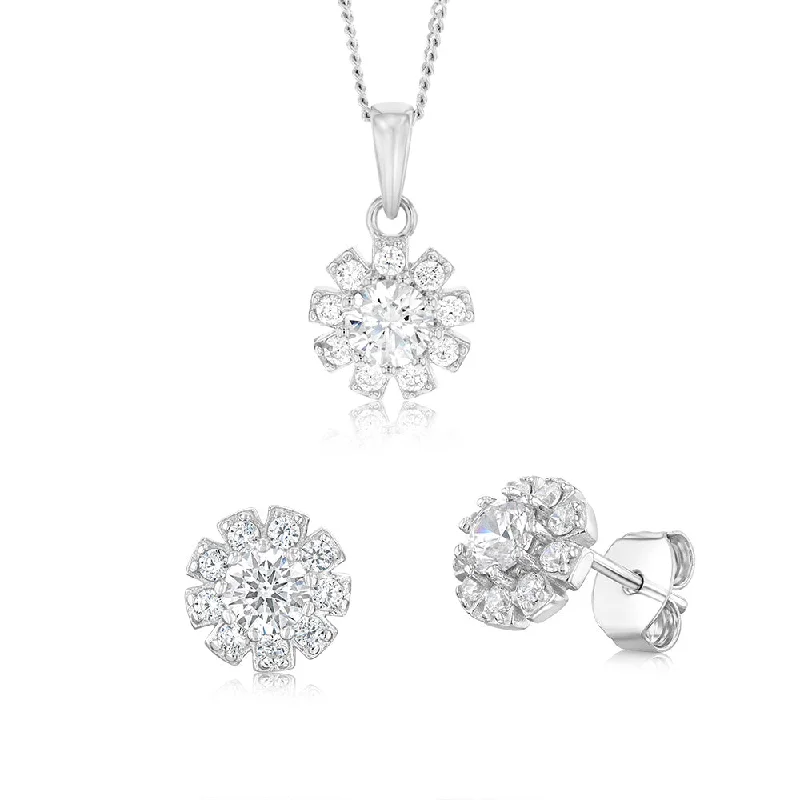 Limited-Time Offer On Elegant Jewelry Pieces Sterling Silver White Cubic Zirconia Flower Pendant And Stud Earrings Set