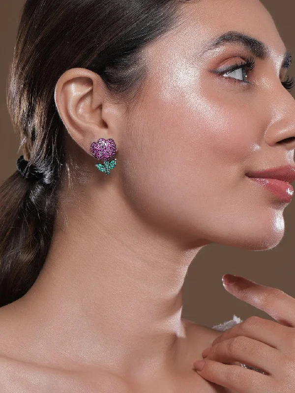 Shop Dazzling Jewelry At The Best Prices Voguish Rhodium Plated Black Tone Ruby Pink & Emerald AD & Zirconia Studded Floral Stud Earrings Shop Dazzling Jewelry At The Best Prices Voguish Rhodium Plated Black Tone Ruby Pink & Emerald AD & Zirconia Studded Floral Stud Earrings