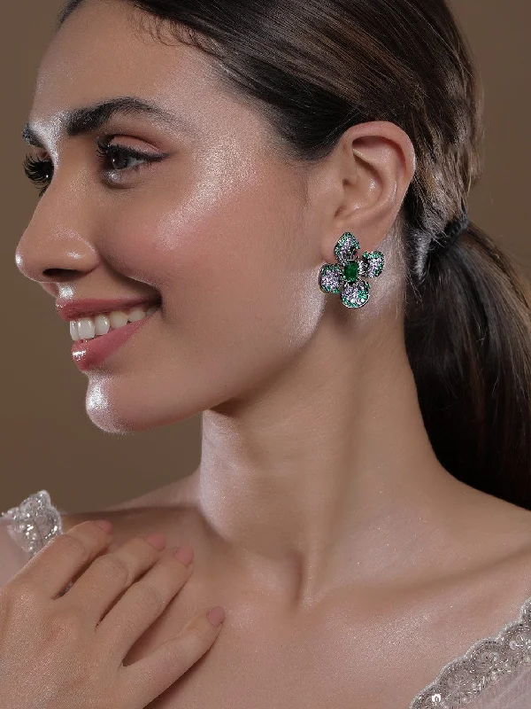 Limited-Time Offer On Elegant Jewelry Pieces Voguish Rhodium-Plated Emerald & Lavender AD & Cubic Zirconia Studded Black-Tone Floral Stud Earrings Limited-Time Offer On Elegant Jewelry Pieces Voguish Rhodium-Plated Emerald & Lavender AD & Cubic Zirconia Studded Black-Tone Floral Stud Earrings