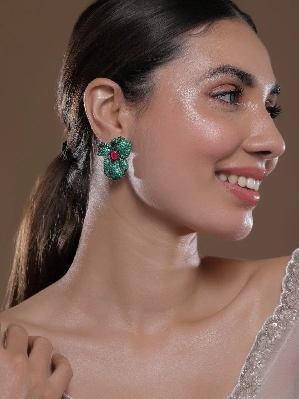 Luxury Jewelry At Unbeatable Discounts Voguish Rhodium-Plated Emerald & Ruby AD & Cubic Zirconia Studded Oversized Floral Stud Earrings Luxury Jewelry At Unbeatable Discounts Voguish Rhodium-Plated Emerald & Ruby AD & Cubic Zirconia Studded Oversized Floral Stud Earrings