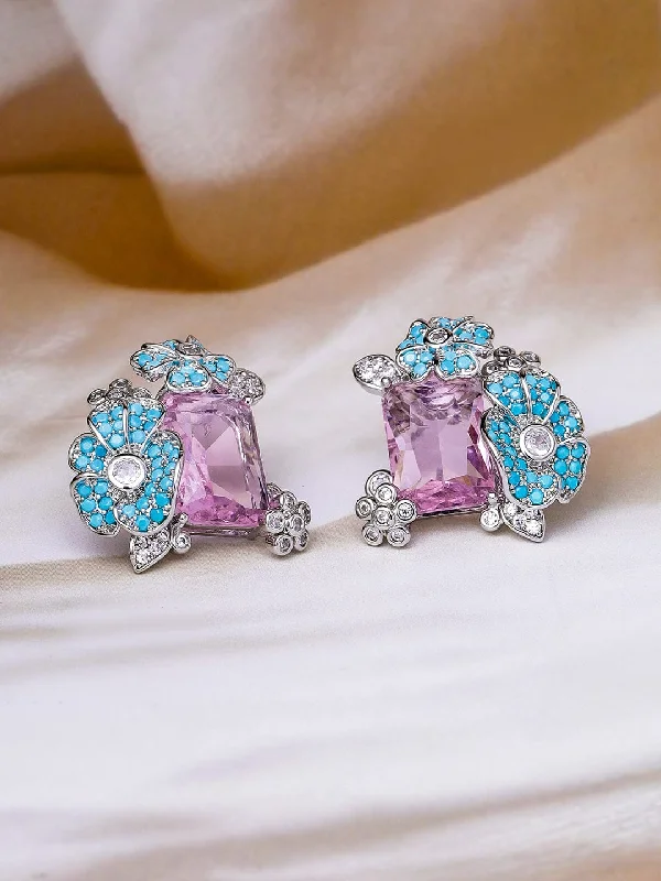 Premium Jewelry Now Available At Special Discounts Voguish Rhodium Plated Blue Stone & Crystal Light Pink Zirconia Studded Floral Stud Earrings Premium Jewelry Now Available At Special Discounts Voguish Rhodium Plated Blue Stone & Crystal Light Pink Zirconia Studded Floral Stud Earrings