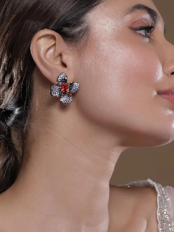 Seasonal Jewelry Deals – Elevate Your Style Voguish Rhodium-Plated Lavender, Orange & Ruby AD & Cubic Zirconia Studded Floral Stud Earrings Seasonal Jewelry Deals – Elevate Your Style Voguish Rhodium-Plated Lavender, Orange & Ruby AD & Cubic Zirconia Studded Floral Stud Earrings